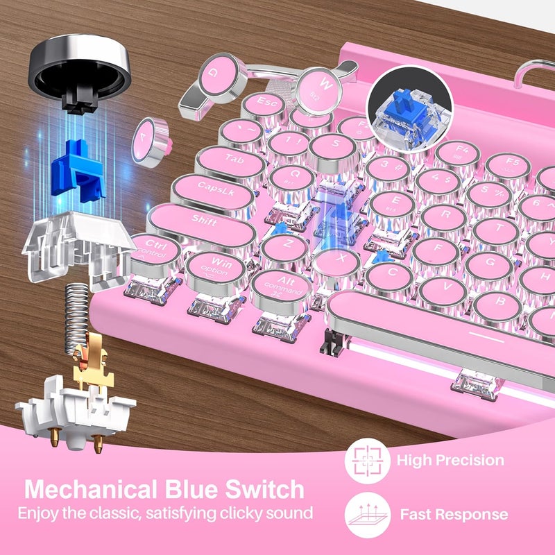 Taiahiro Retro Typewriter Wireless Mechanical Gaming Keyboard, Bluetooth 5.0 Office Computer Vintage Keyboards 83-Key Blue Switches Punk Round Keycap, LED Backlight, Compatible with PC/Laptop/Pad/Phone, Pink - Image 2